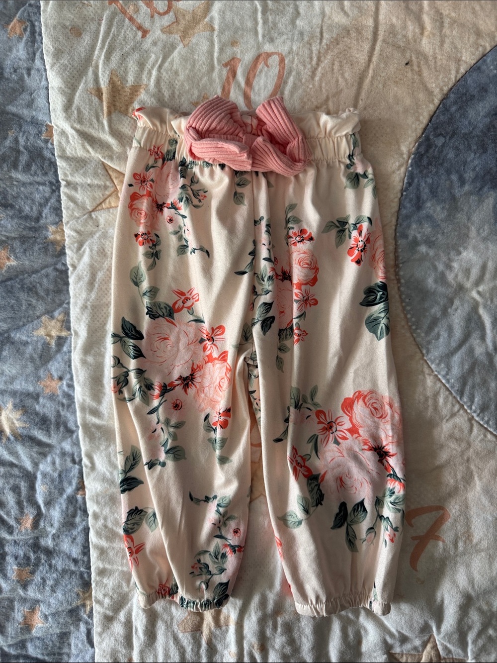 Baby Girl Floral satiny elastic waistband Joggers with Pink Bow